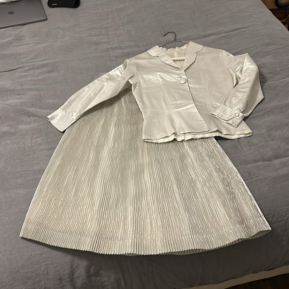 Vintage 1950s silver two-piece pleated skirt and blouse for special occasions